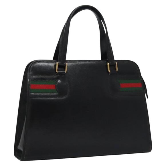 GUCCI Web Sherry Line Hand Bag Leather Black Red Green - Picture 1 of 16
